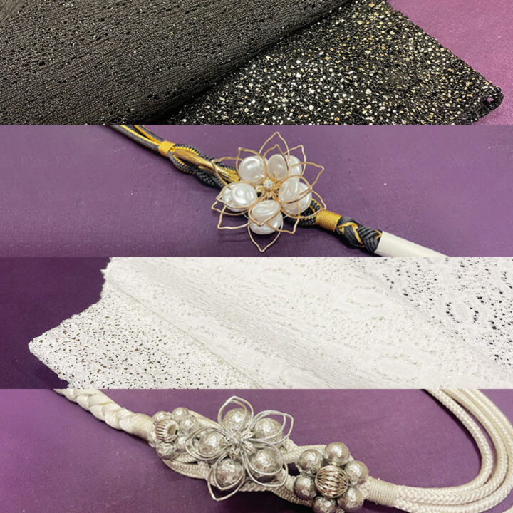 きらきらラメの帯揚げと帯締めをご紹介いたします。